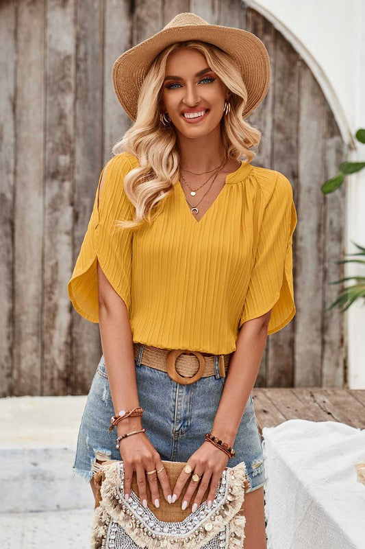 Textured Notched Top with Shoulder Slit