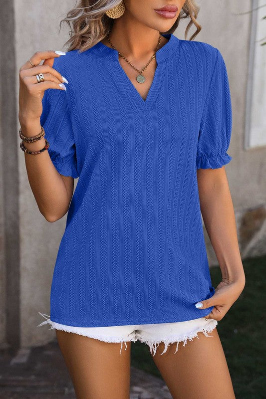 Textured Notch Neck Puff Sleeve Top