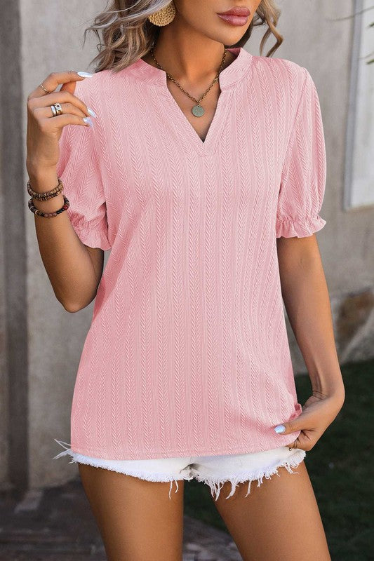 Textured Notch Neck Puff Sleeve Top