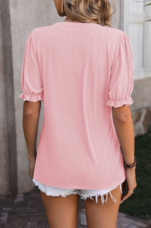 Textured Notch Neck Puff Sleeve Top