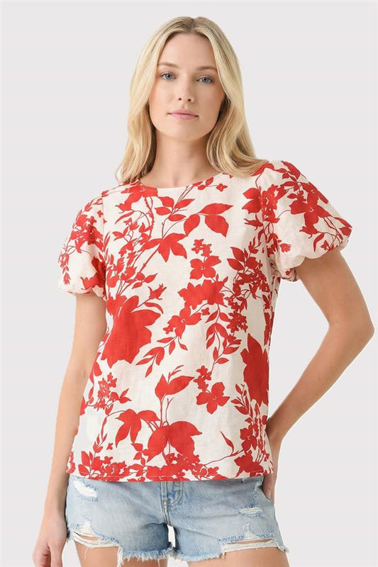 Red Floral Puff Sleeve Top