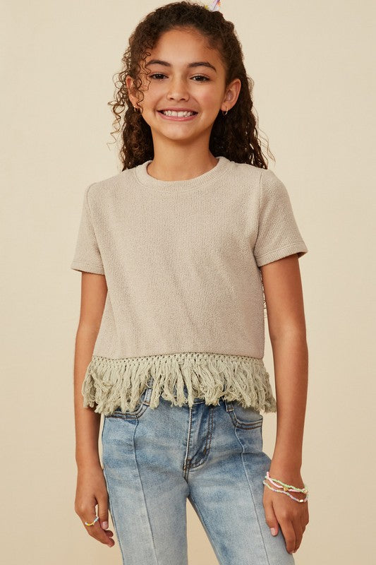 Girls Fringed Tassel Hem Textured Knit Top