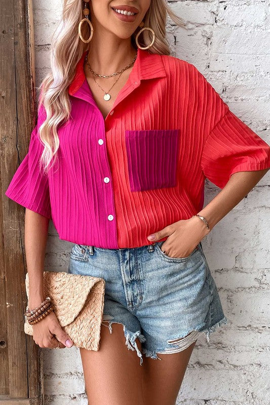 Textured Color Block Short Sleeve Shirt