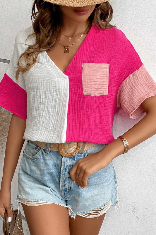 Textured Color Block V-Neck Shirt