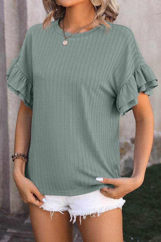 Green Ruffle Sleeve Textured Top