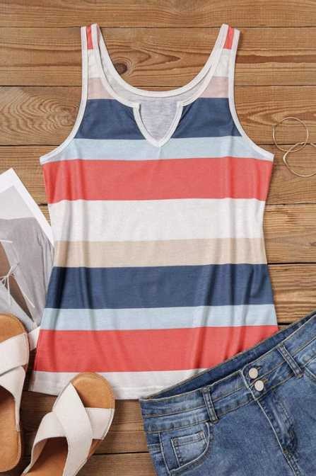 Striped Notched Neck Sleeveless Top