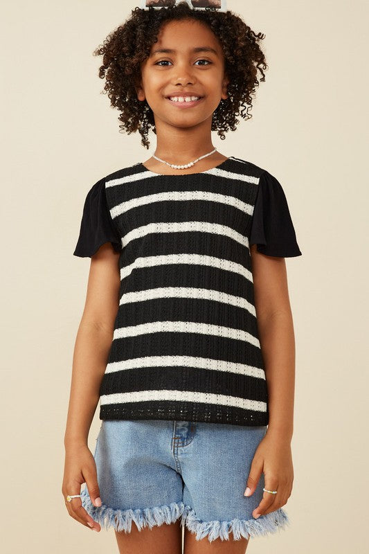 Girls Striped Loose Knit Mix Media T Shirt