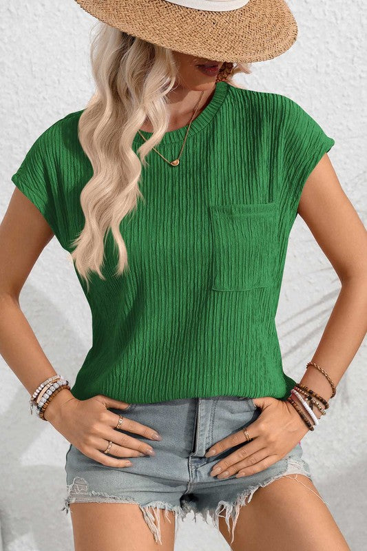 Textured Round Neck Short Sleeve Top with Pocket