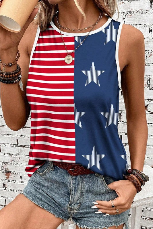 Striped Flag Printed Round Neck Tank Top