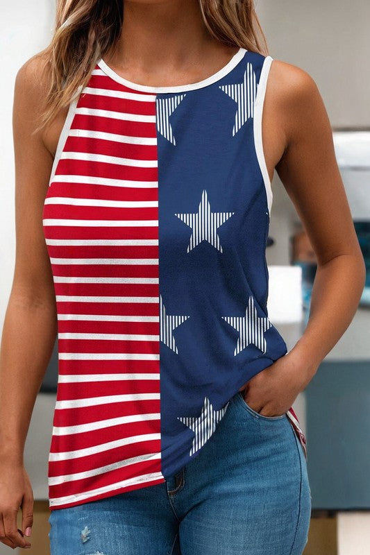 Striped Flag Printed Round Neck Tank Top