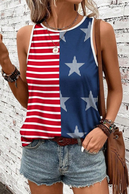 Striped Flag Printed Round Neck Tank Top