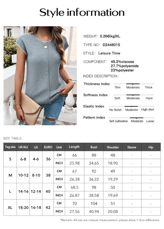 Contrast Trim Round Neck Cap Sleeve Sweater