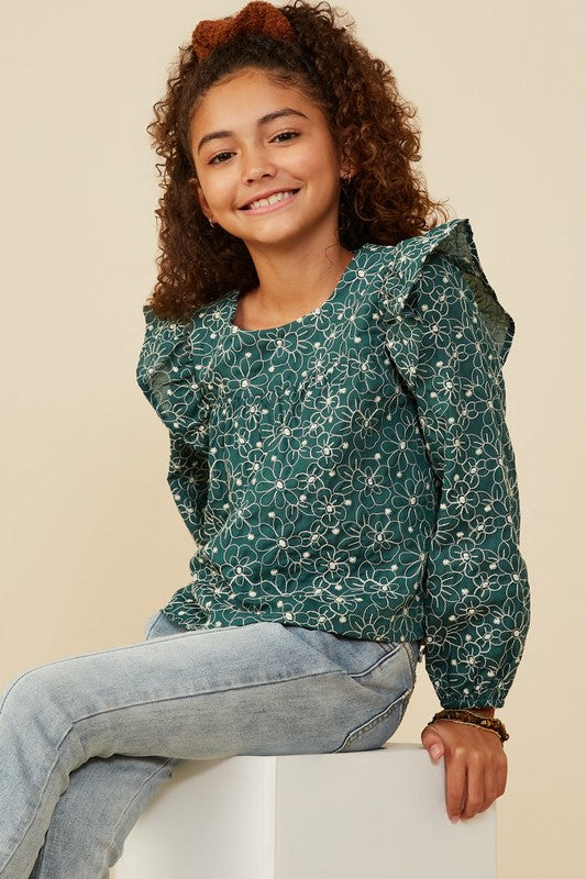 Girls Floral Embroidered Ruffle Top