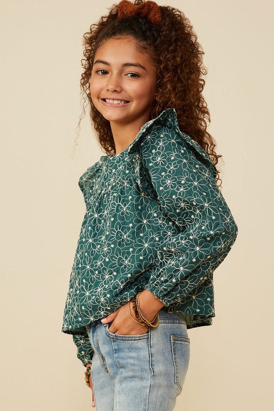 Girls Floral Embroidered Ruffle Top