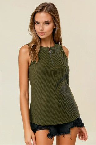 Ribbed Zip Front Sleeveless Tank