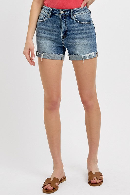 Risen High Rise Ripped Hem Shorts
