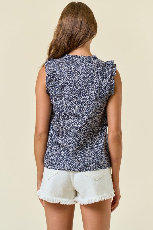 Navy Ditsy Floral Ruffle Sleeve Blouse