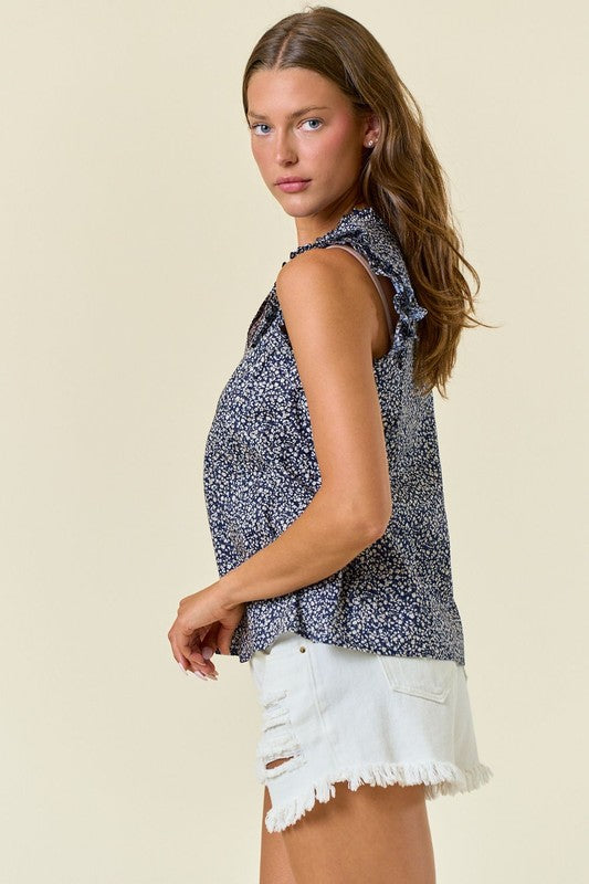 Navy Ditsy Floral Ruffle Sleeve Blouse