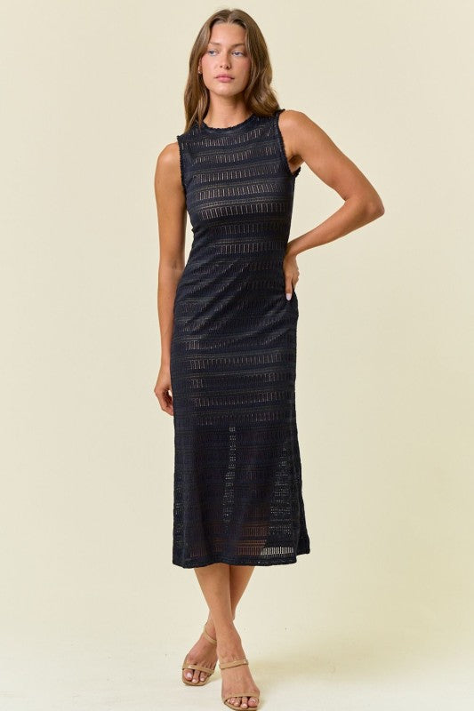 Stripe Stretch Lace Mock Neck Sleeveless Midi Dress