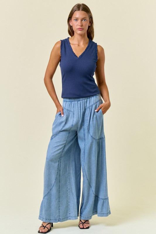 Ruffle Trim Ribbed V-Neck Tank