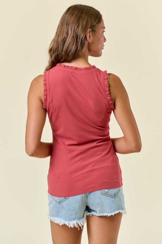 Ruffle Trim Ribbed V-Neck Tank