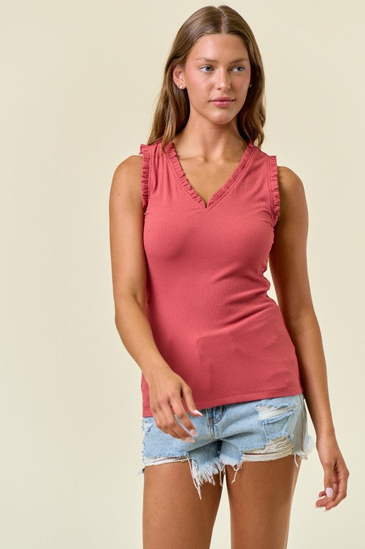 Ruffle Trim Ribbed V-Neck Tank