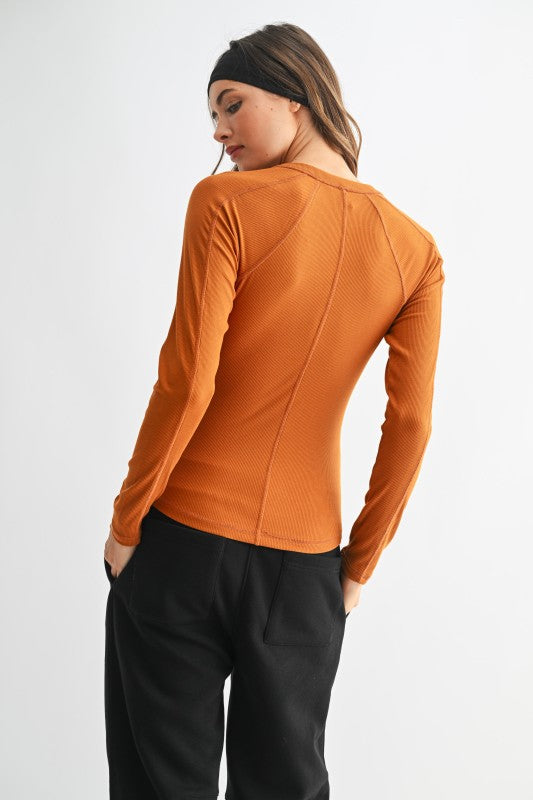 Mono B Essential Long-sleeved Micro-Ribbed Henley Top