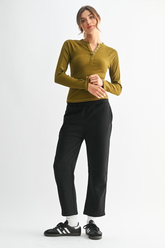 Mono B Essential Long-sleeved Micro-Ribbed Henley Top