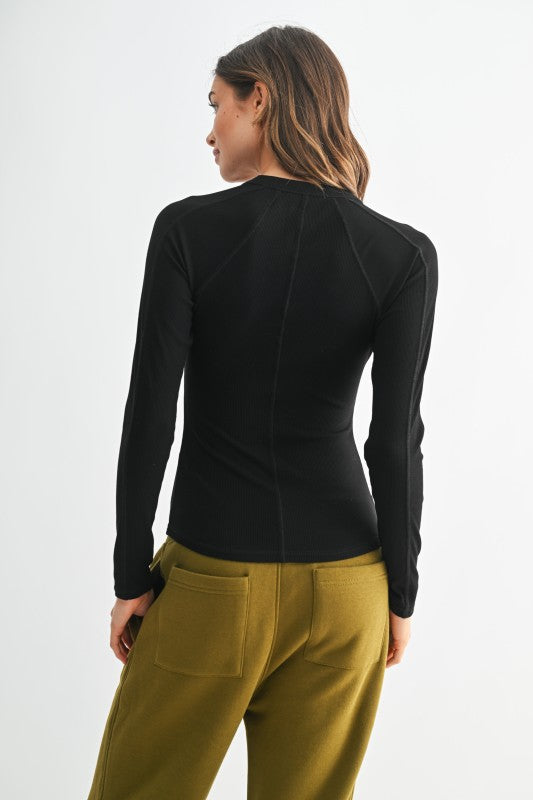 Mono B Essential Long-sleeved Micro-Ribbed Henley Top