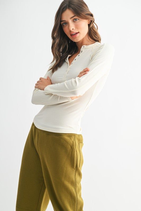 Mono B Essential Long-sleeved Micro-Ribbed Henley Top