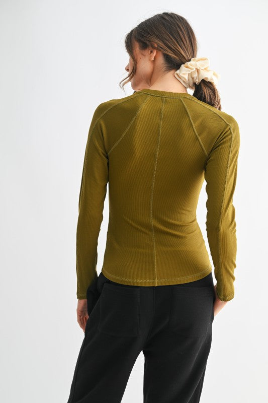 Mono B Essential Long-sleeved Micro-Ribbed Henley Top