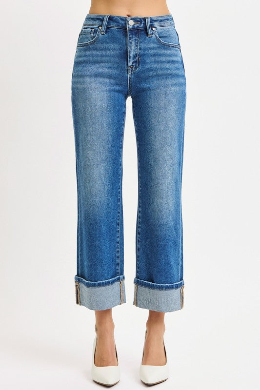Risen Mid Rise Crop Straight Cuffed Jeans
