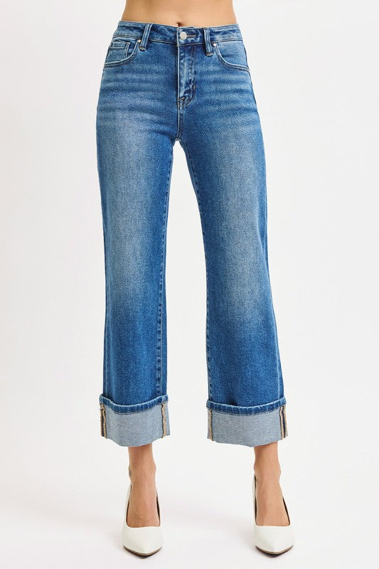 Risen Mid Rise Crop Straight Cuffed Jeans