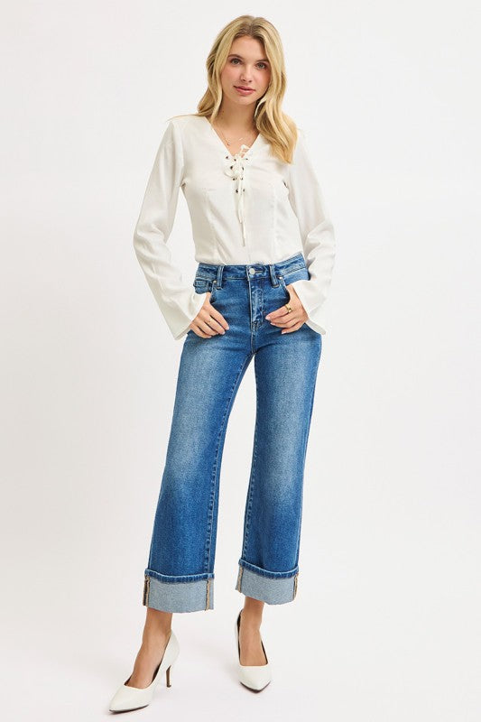 Risen Mid Rise Crop Straight Cuffed Jeans