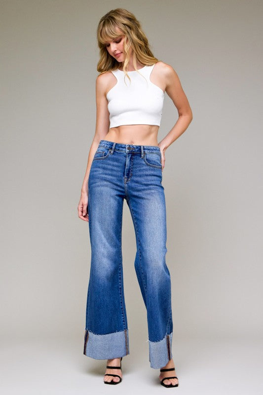 Medium Wash Clean Cuffed High Rise Comfort Flare Jeans – Hidden Jeans
