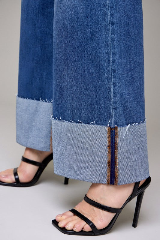 Medium Wash Clean Cuffed High Rise Comfort Flare Jeans – Hidden Jeans