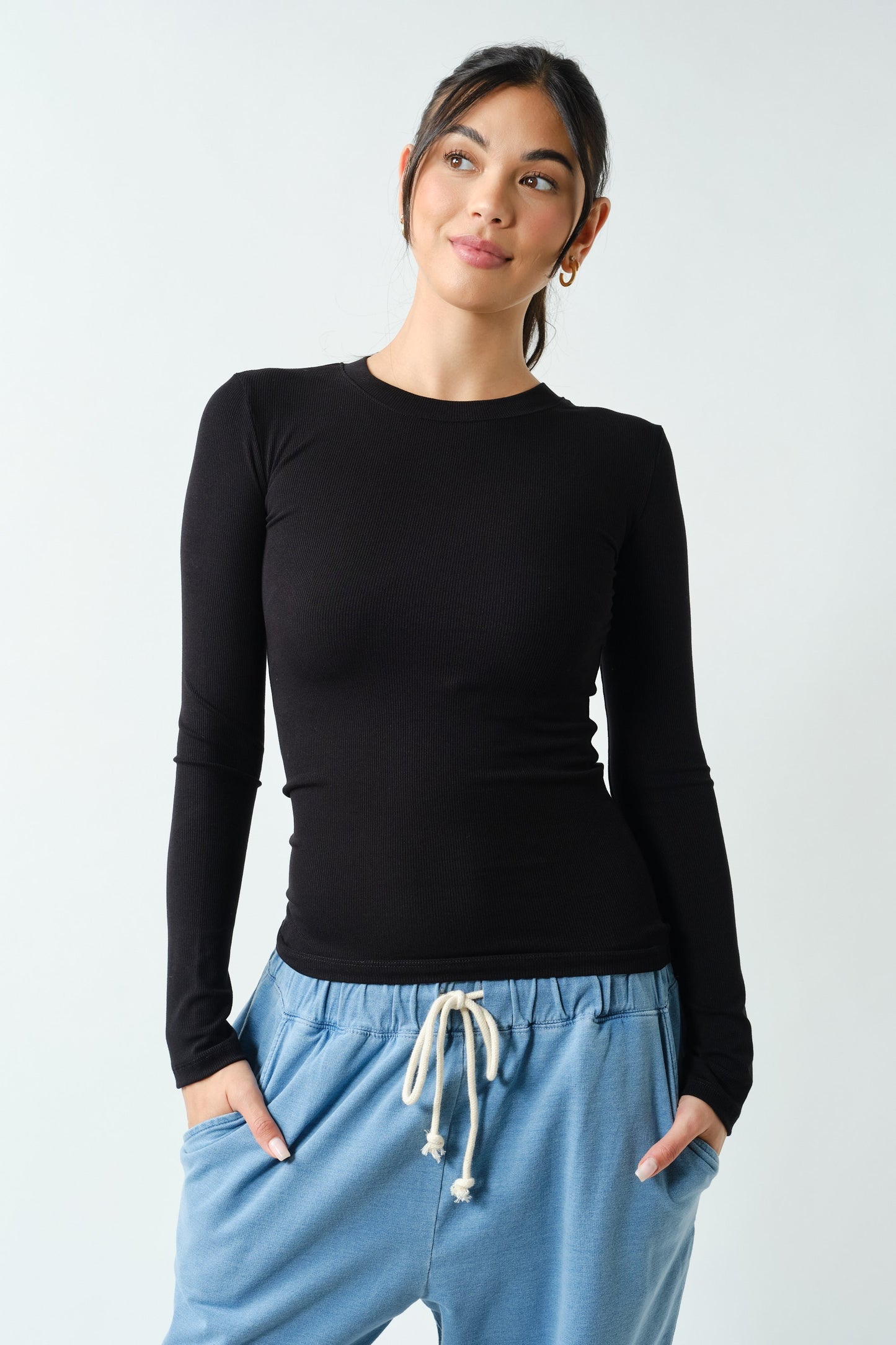 MONO B Essential Long Sleeve Micro Ribbed Athleisure Top- Black