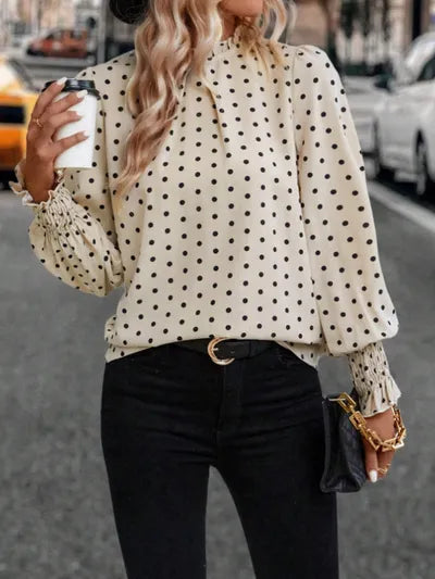 Polka Dot Mock Neck Long Sleeve Blouse