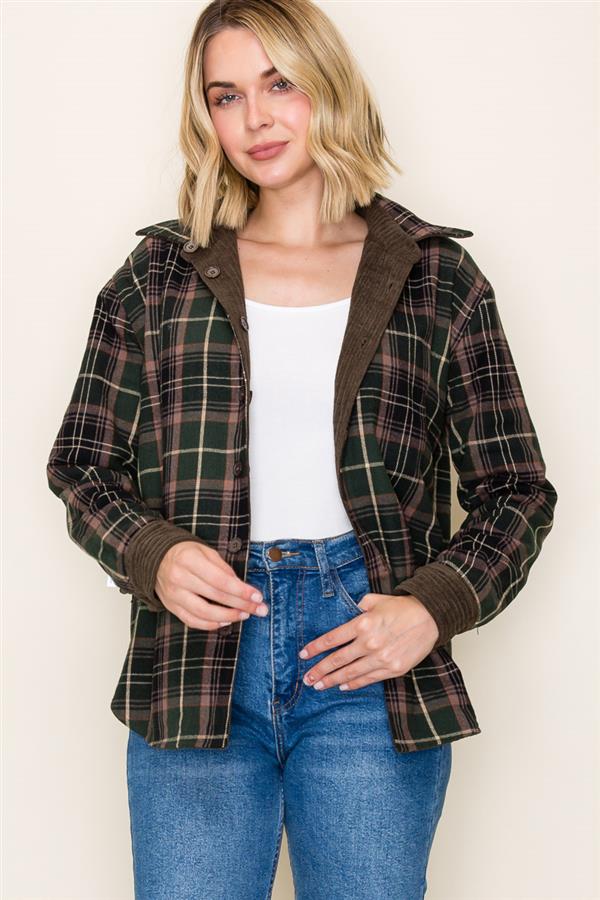 Olive Plaid & Corduroy Reversible Shacket