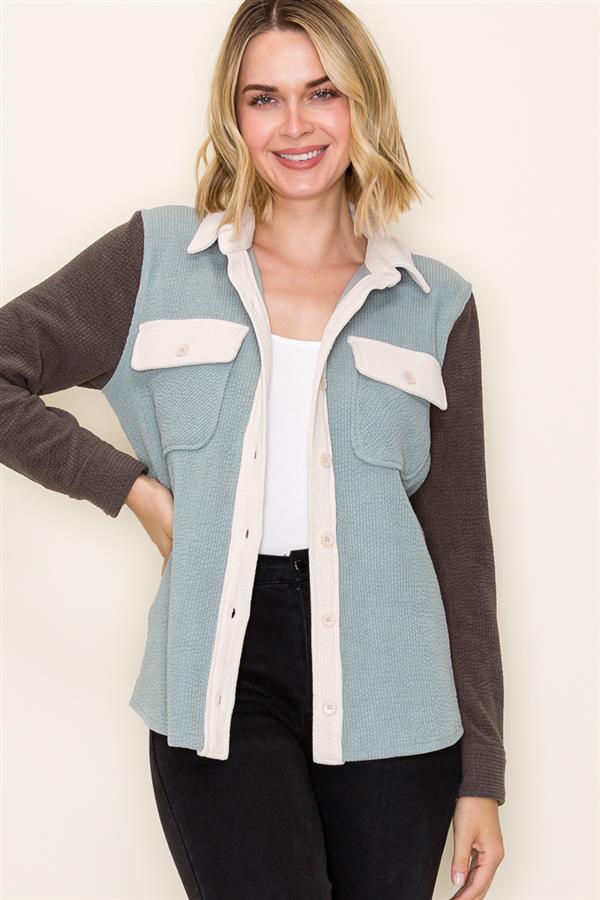 Aqua Ivory Colorblock Shacket – Casual Button Jacket