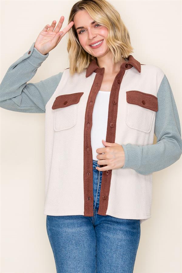 Ivory Colorblock Shacket – Rust & Sage Button Jacket