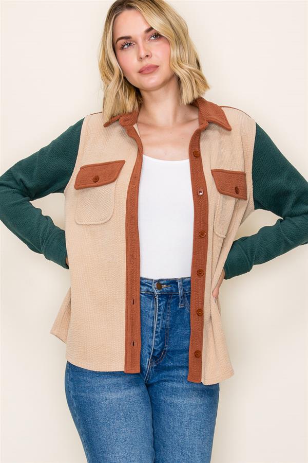 Colorblock Utility Shacket – Taupe Rust Green