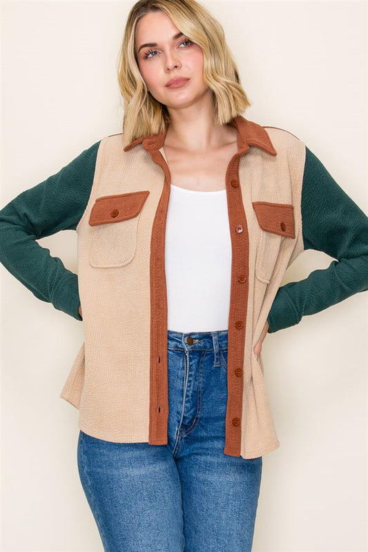 Colorblock Utility Shacket – Taupe Rust Green