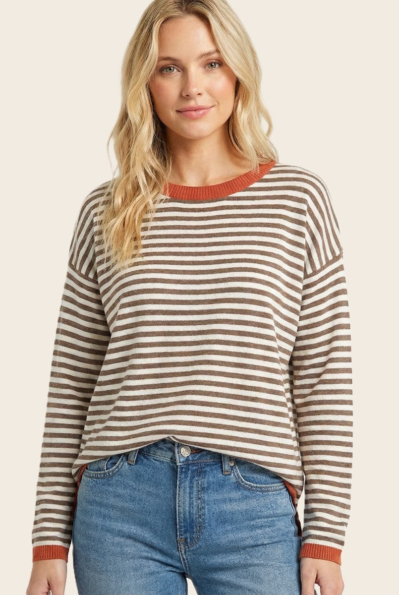 Mocha Striped Contrast Trim Sweater