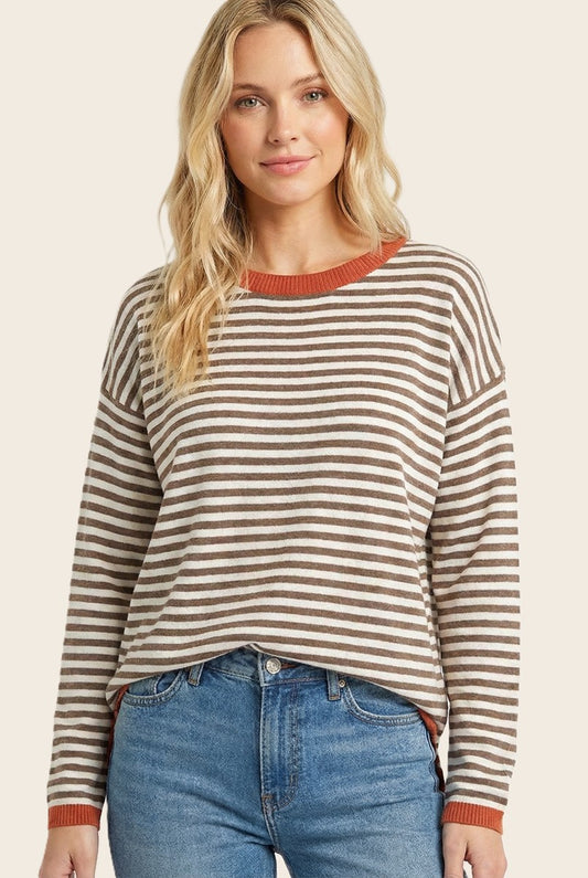 Mocha Striped Contrast Trim Sweater