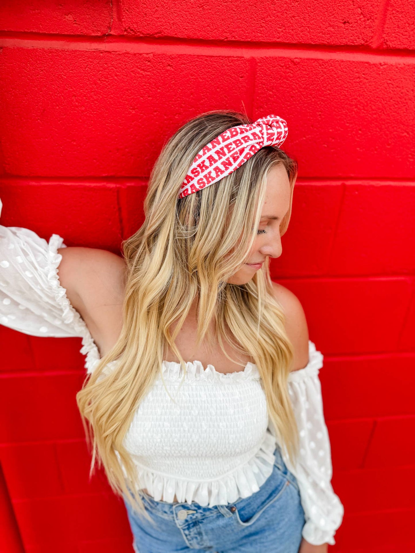 Red Nebraska Printed Structured Headband