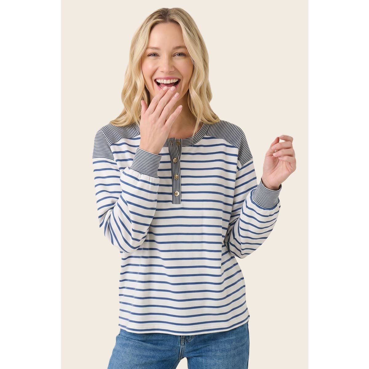 Button Crew Neck Striped Top