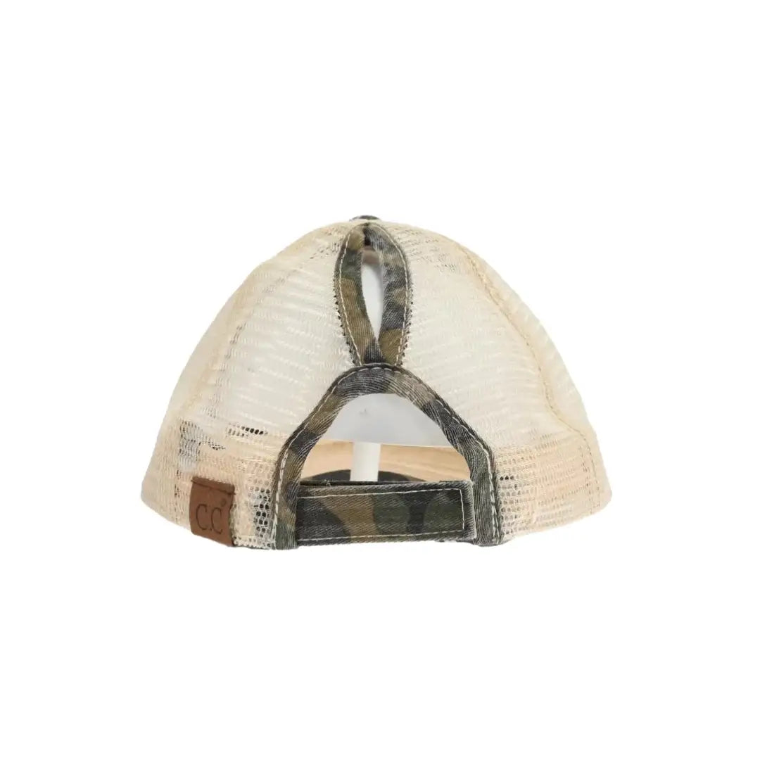 Camo Leather Patch Ponytail Hat with State Abbreviation: Olive Camo / Nebraska