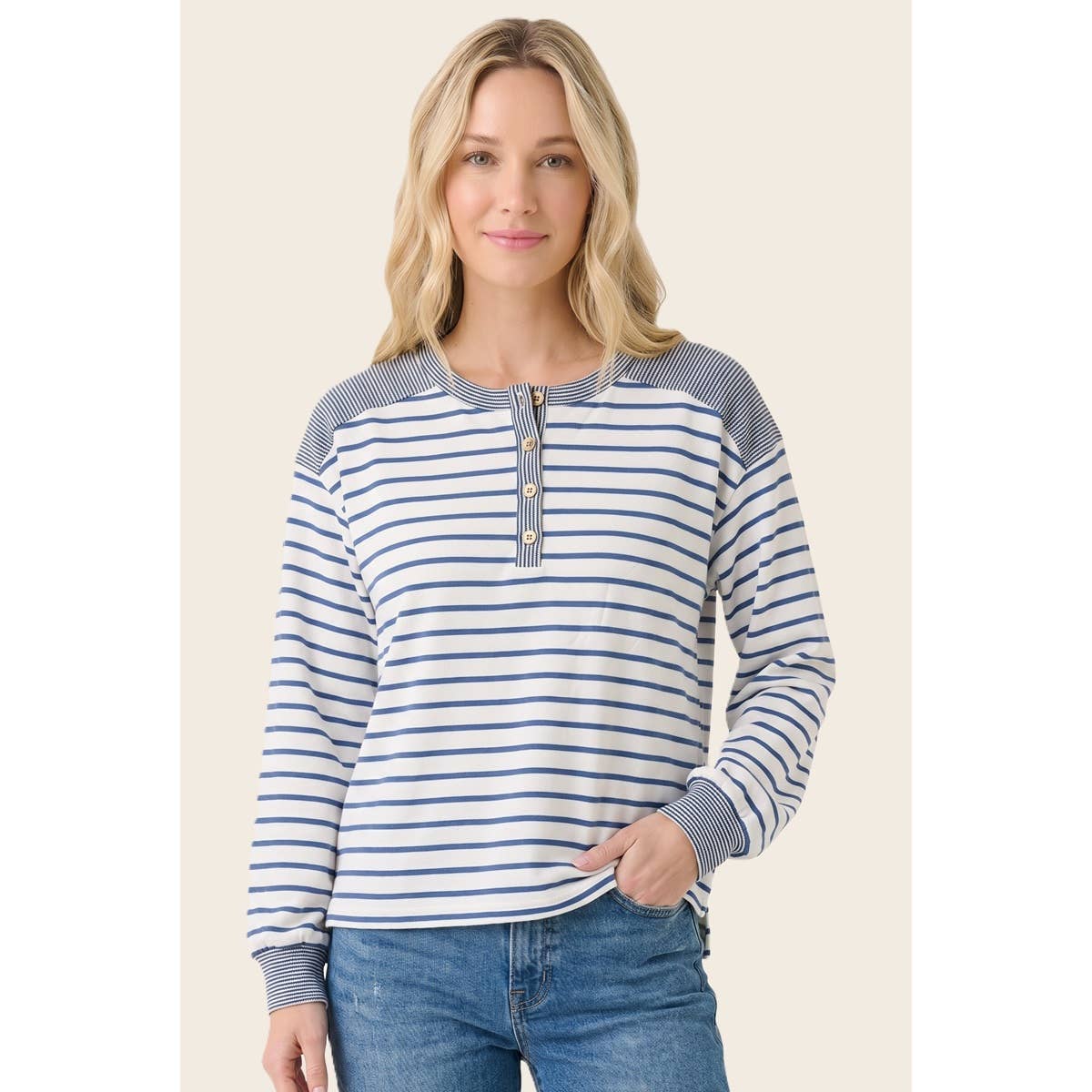 Button Crew Neck Striped Top
