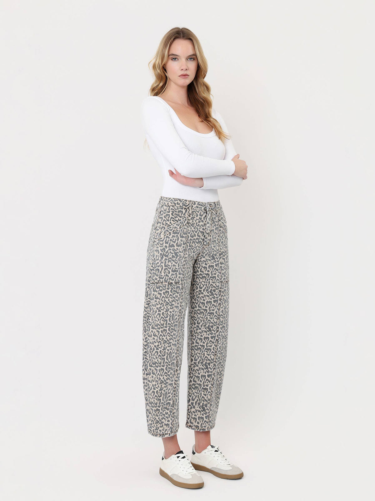 Vervet High Rise Leopard Print Utility Barrel Jeans